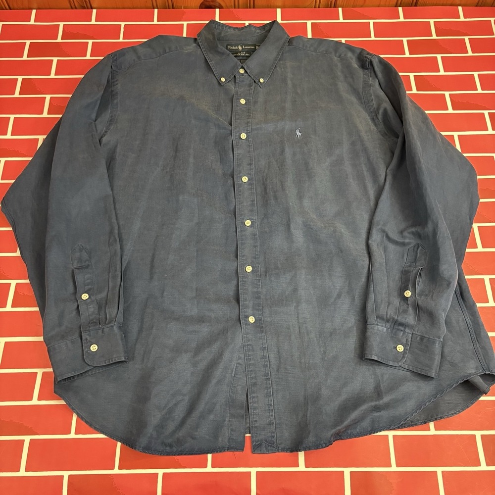 Ralph Lauren Blake Shirt Mens 2XL Blue Silk Linen Button-Down Long Sleeve